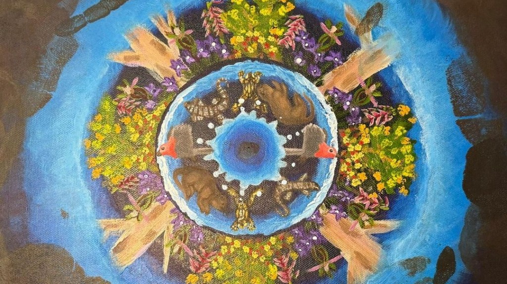 An acrylic painting of a bilabang (billabong) with a droplet in the centre, rippling out into a circle of native animals, a circle of native flora, and eventually the brown soil.